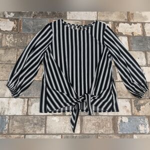 Adrianna Papell Women's Medium Black White Stripe Tie Front Blouse